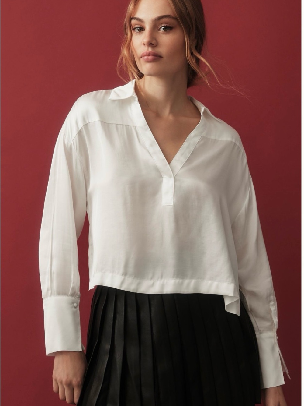 Maeve Clean White V-Neck Long-Sleeve Blouse